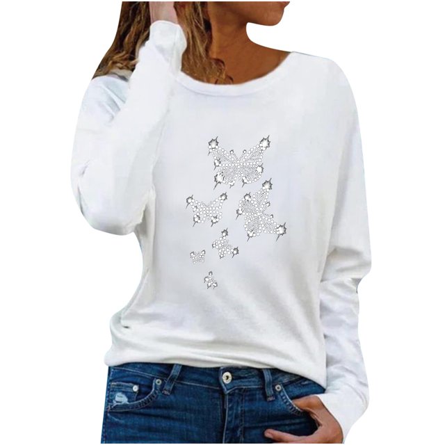 Blusa de Manga Larga Con Estampado de Diamantes de Imitación Informal de Moda Para Mujer Blusas Con Cuello Redondo Blusas Camisas Odeerbi ODB180582
