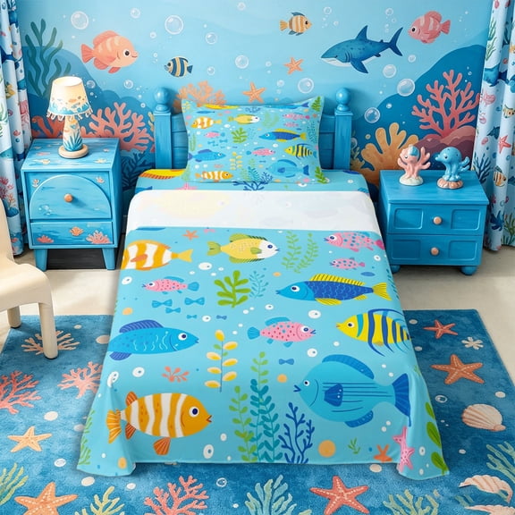 Castle Fairy Cartoon Bright Tropical Fish Twin Sheets 3pcs,Coral Starfish Light Blue Background Bedding,Yellow Pink,1 Fitted Sheet,1 Flat Sheet and 1 Pillowcase