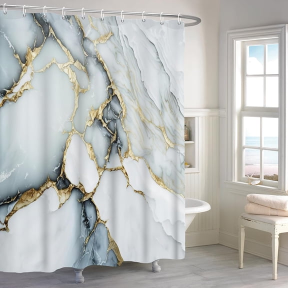 72x72 Inches Gray Blue Marble Shower Curtain Watercolor Abstract White Gold Marble Texture Modern Luxury Art Fabric Shower Curtains for Bathroom Decor Polyester with Hooks