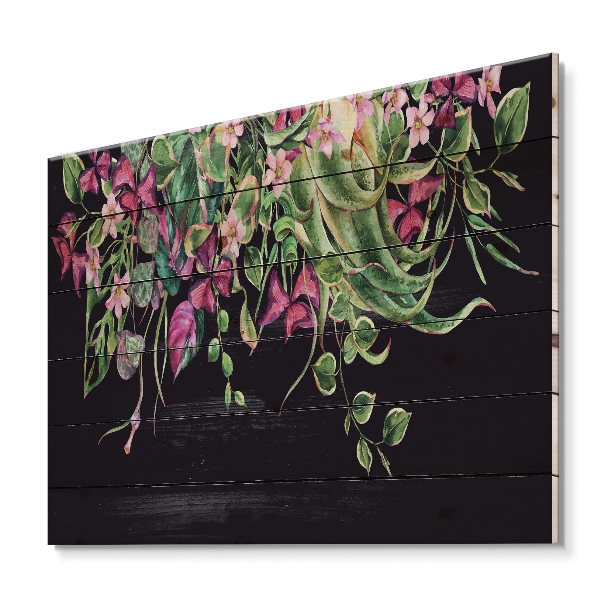 Designart 'Floral Tropical Leaves On Black Background' Farmhouse Print on Natural Pine Wood