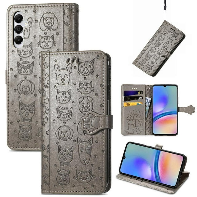 Funda Cartera FOXDOCK para Samsung Galaxy A05S , Flip PU con Relieve de Gatos y Perros, Tarjetero y Soporte