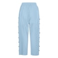 thumbnail image 5 of Linen Pedal Pushers for Women Lightweight Summer Side Buttons Linen Capri Pants Casual Elastic Waist Gauze Pants Sky Blue S, 5 of 7