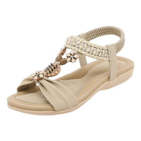 

Vedolay Sandals For Women Summer Women Casual Open Toe Flat Rhinestone Flowers Comfortable Soft Bottom Breathable Sandals Women(Beige 6.5)