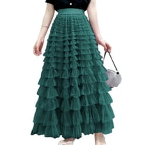 SWSMCLT Women's Ruffle Maxi Skirt Cute Casual Overlay Basic Fashion Tiered Long Tulle Skirt Elastic Waist Layered Green Large