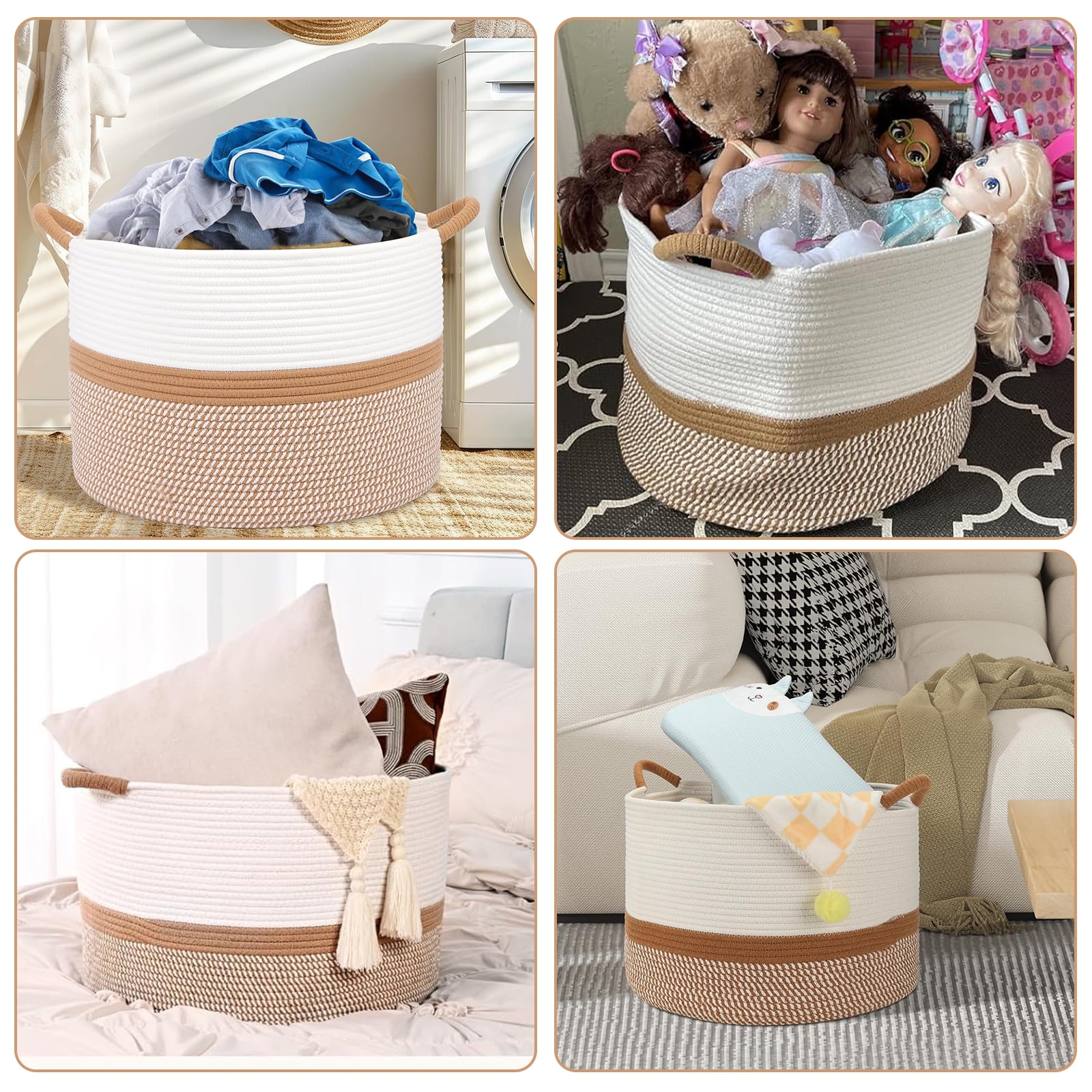 Large Cotton Rope Baskets for Storage, Blanket Woven Basket Laundry Hamper with Handles, Clothes Basket Toy Storage Organizer for Living Room, Nursery, Bedroom(White/Brown)