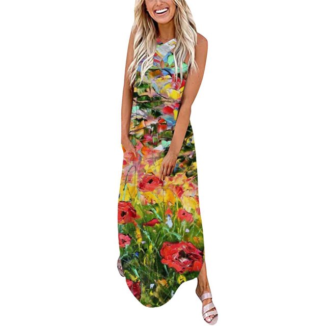 Robes d'Invité de Mariage pour Femmes Courtes Décontractées Amples d'Été Imprimées Longues Robe de Plage Robe Sans Manches Col en V Robes de Vacances en Liquidation