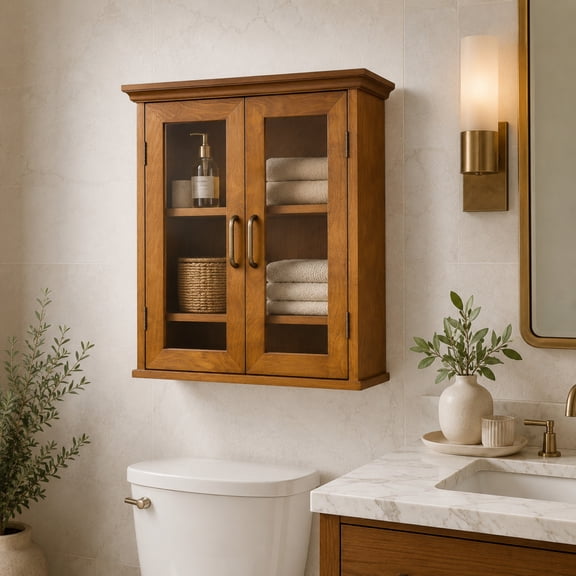 Teamson Home Avery 2-Door Wall Cabinet with Adjustable Shelves, Oiled Oak