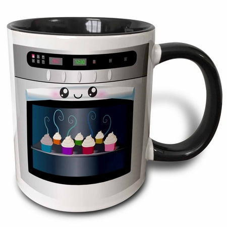 

3dRose Cute kawaii happy smiling oven filled with baking cupcakes - for chefs foodies and cooking fans - Two Tone Black Mug 11-ounce
