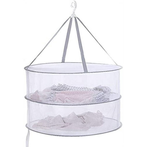Fymlhomi Drying Rack Net 2 Layers Collapsible Mesh Basket Dryer Net White Mesh Clothes Hanging Dryer Rack with Zipper Opening for Lingerie Underwears Woollen Sweater Garments Plush Hanger Rack