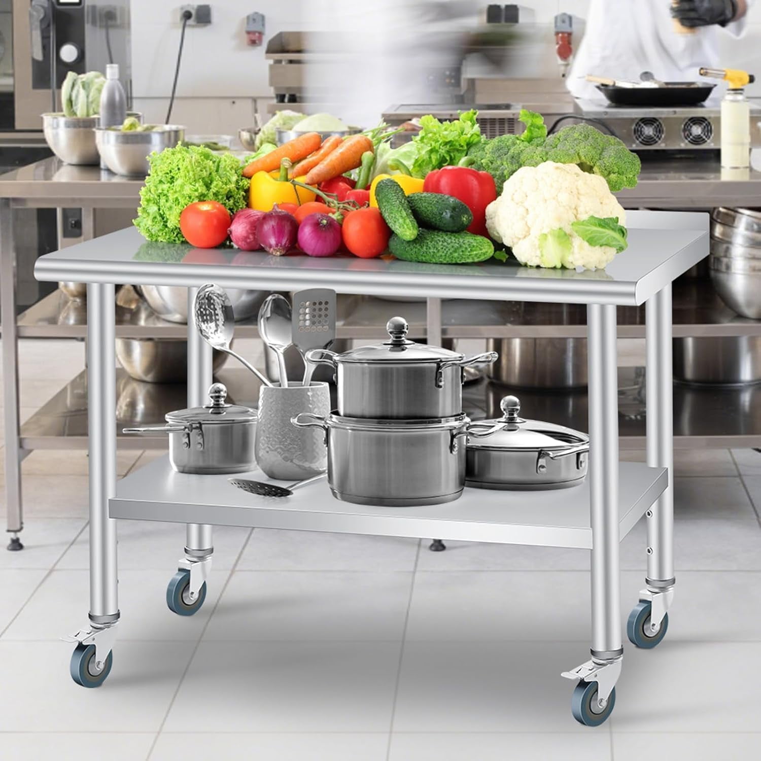 Stainless Steel Table for Prep & Work with Backsplash,Kitchen Work Table,Metal Commercial Kitchen Heavy Duty Table with 4 Caster Wheels for Restaurant,Home and Hotel