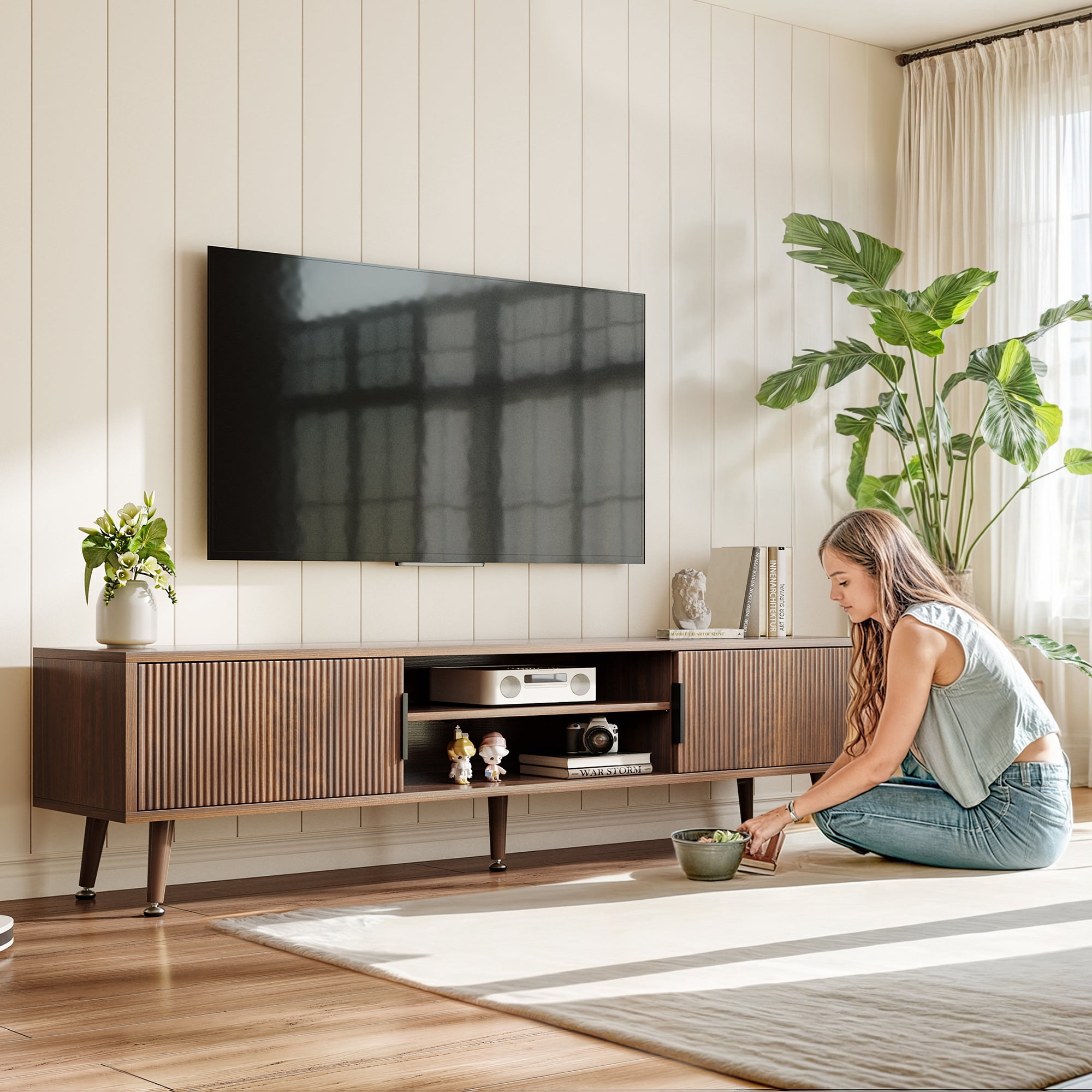 TV Stand for Living Room, Mid Century Modern Entertainment Center for 55/60/65/70 inch TVs, TV Console with Fluted Door Cabinets and Open Shelves, for Bedroom, Living Room, Walnut