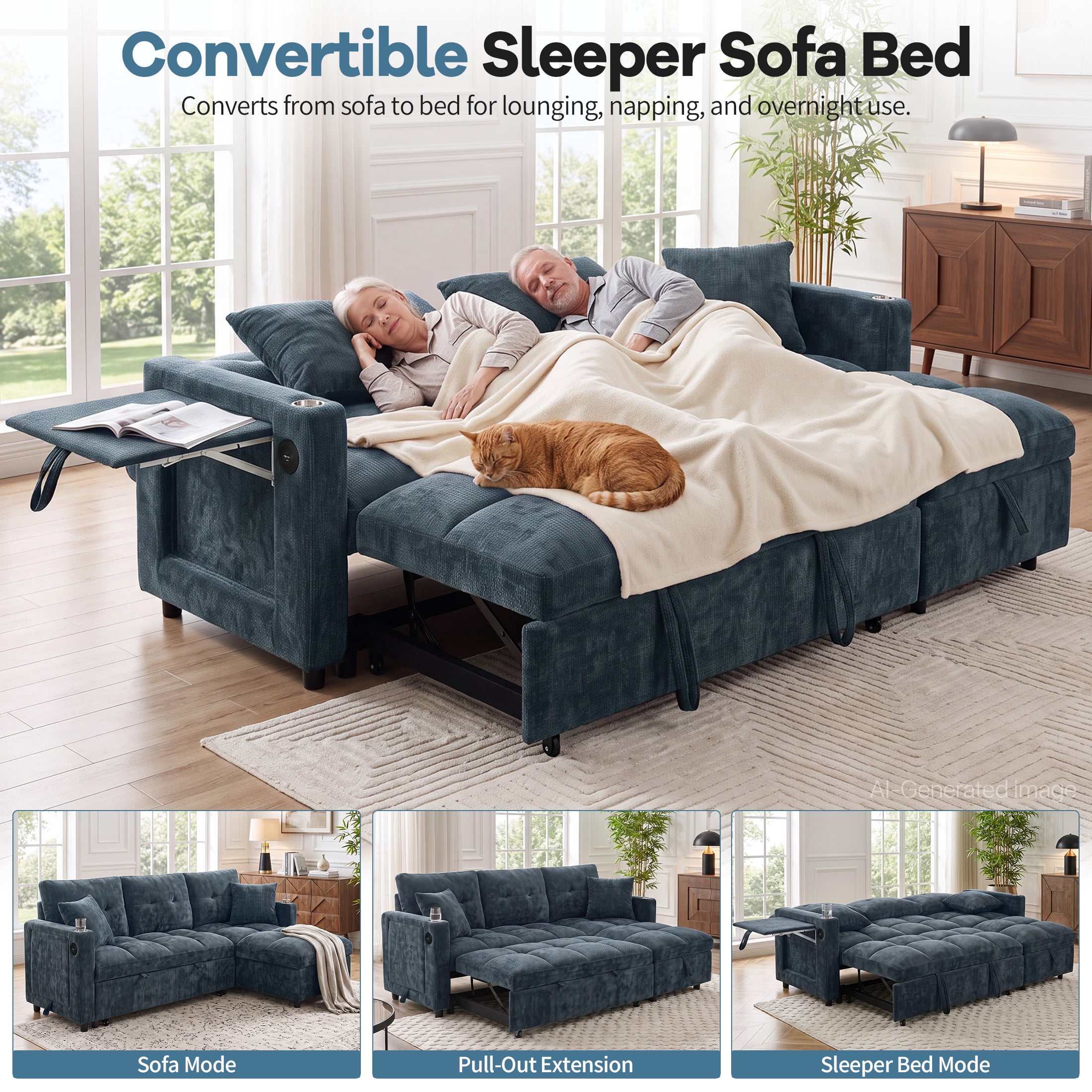 Aenkyo 82" Chenille L-Shaped Sectional Pull Out Sofa Bed with Storage Chaise & Side Table, Blue