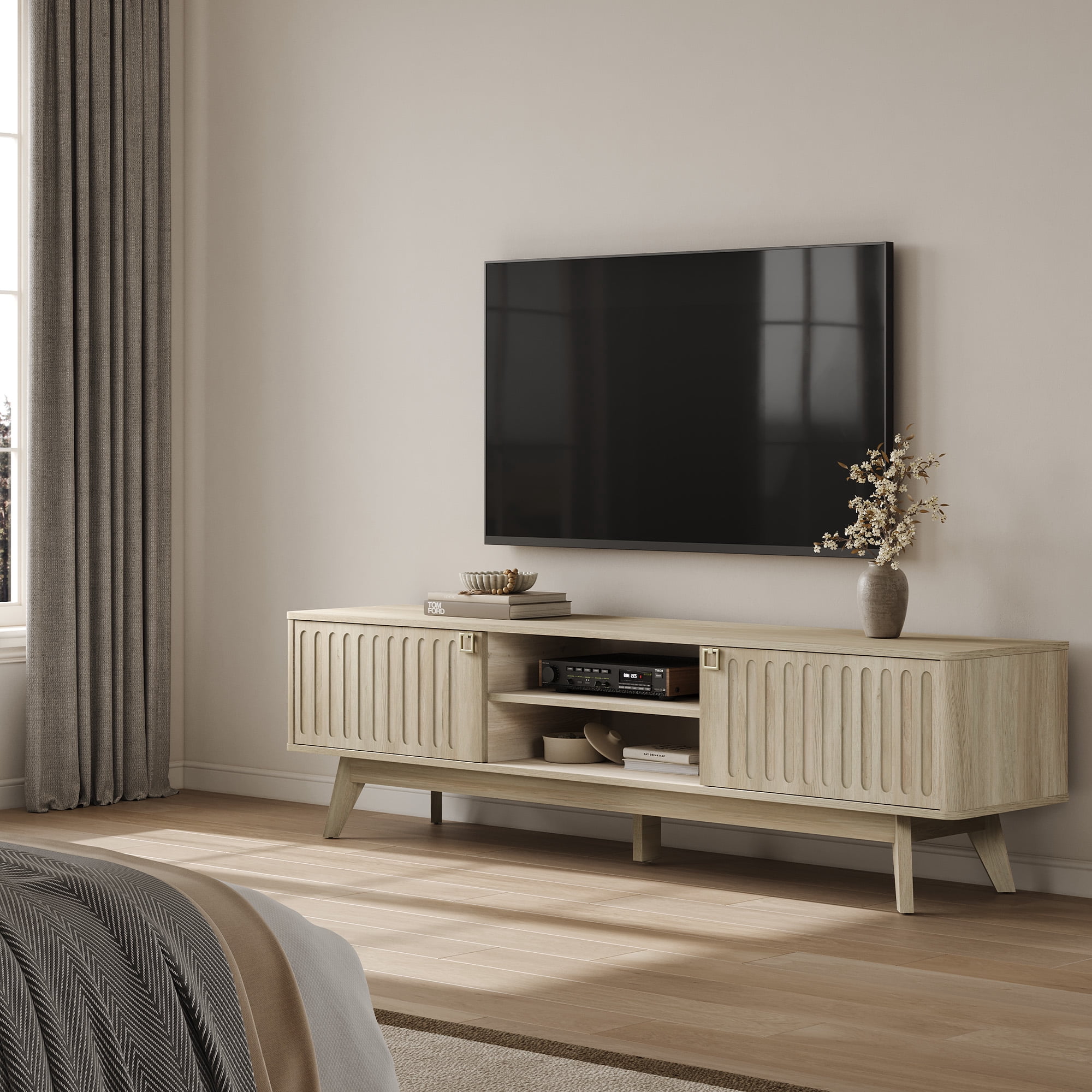 SICOTAS 70.1 inch Long Modern TV Stand Set of 2, Minimalist Console Table with 2 Fluted Doors, 3-Tier Storage Shelves, Long Entertainment Center for Living Room, Rustic Oak