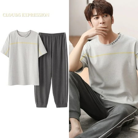 

QWZNDZGR Summer Knitted Cotton Mens Pyjamas Casual Short Tops Lattice Long Pants Sets V-neck Pajamas Fashion Men Sleepwear 5XL Homewear