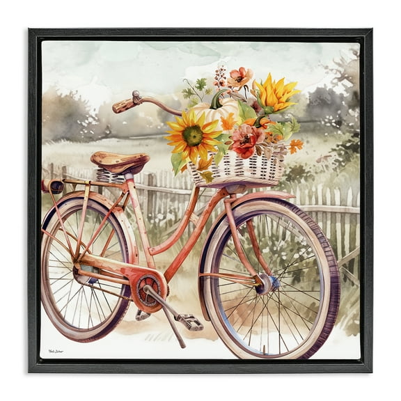 Stupell Industries Autumn Floral Bicycle Botanical & Floral Painting Black Floater Framed Canvas Art Prints Wall Art, 18 x 18