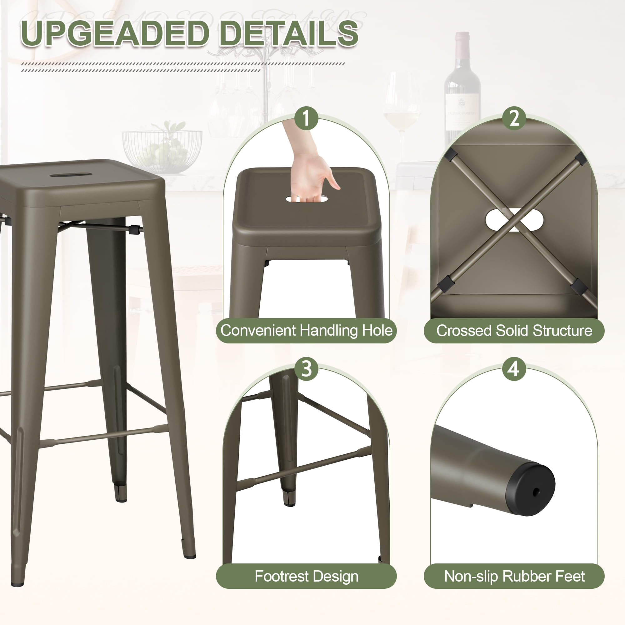 VINEEGO 30 Inches Metal Bar Stools for Counter Height Indoor-Outdoor Modern Stackable Industrial Stools Set of 4 (Gun)