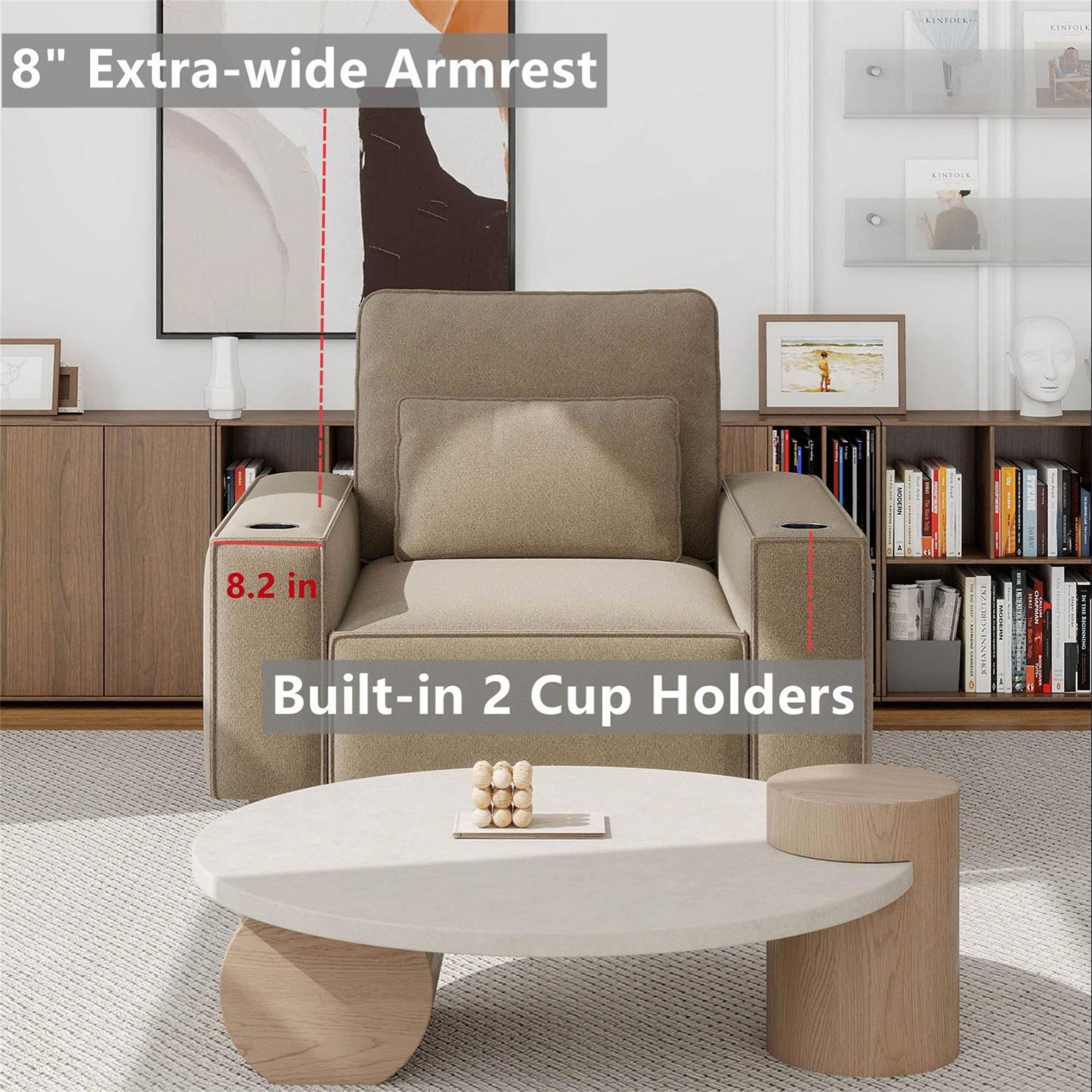 Aukfa 3 Piece Sofa Set - 43.5" Oversized Armchair Couch with Cup Holders&Pillows, Chenille, Khaki