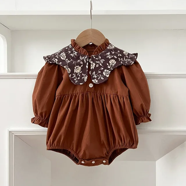 Korean Sisters Dress Spring Autumn Baby Girls Retro Bodysuit Girls' Floral Big Lapel Puff Sleeve Dress Cute Toddler One Piece