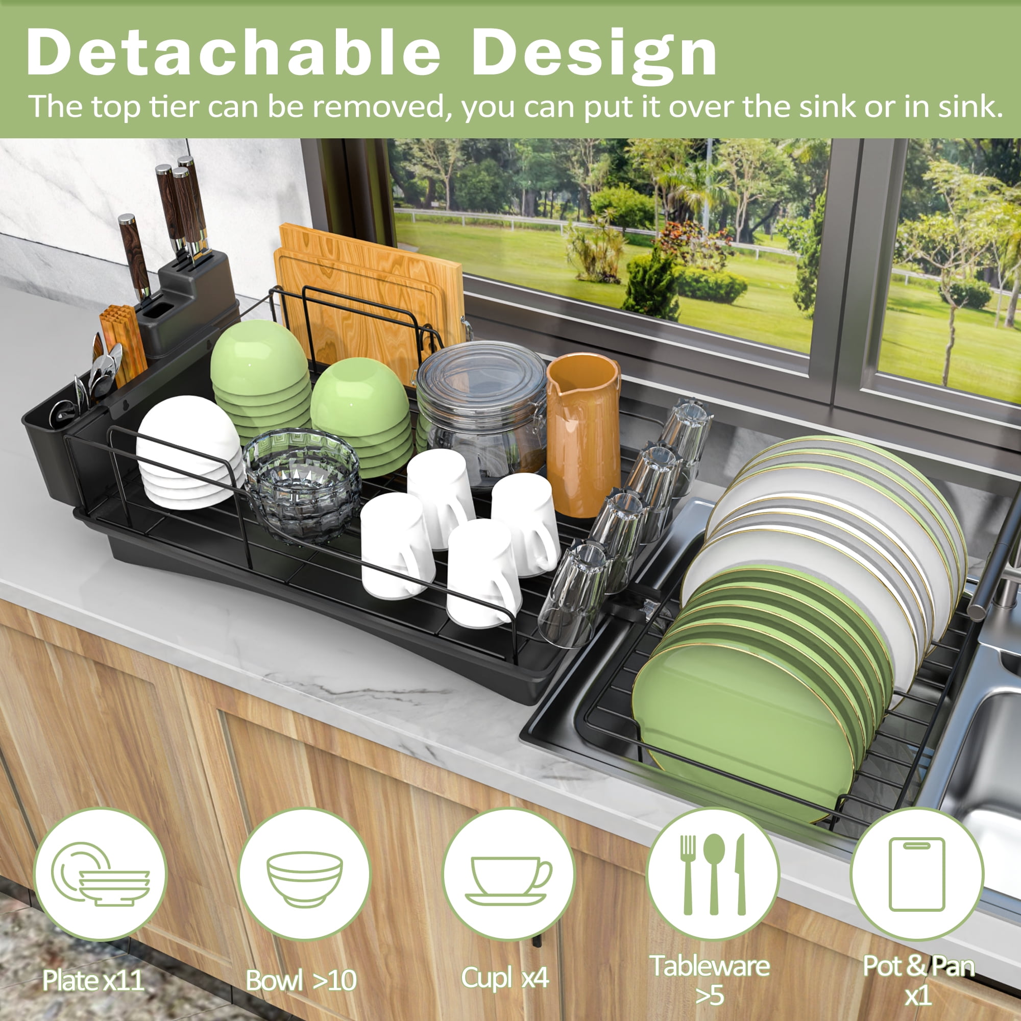 Multiuse Detachable 2 Tier Dish Drying Rack Multifunctional Dish Strainer  Utensil Holder For Kitchen Durable Cultry Storage Rack