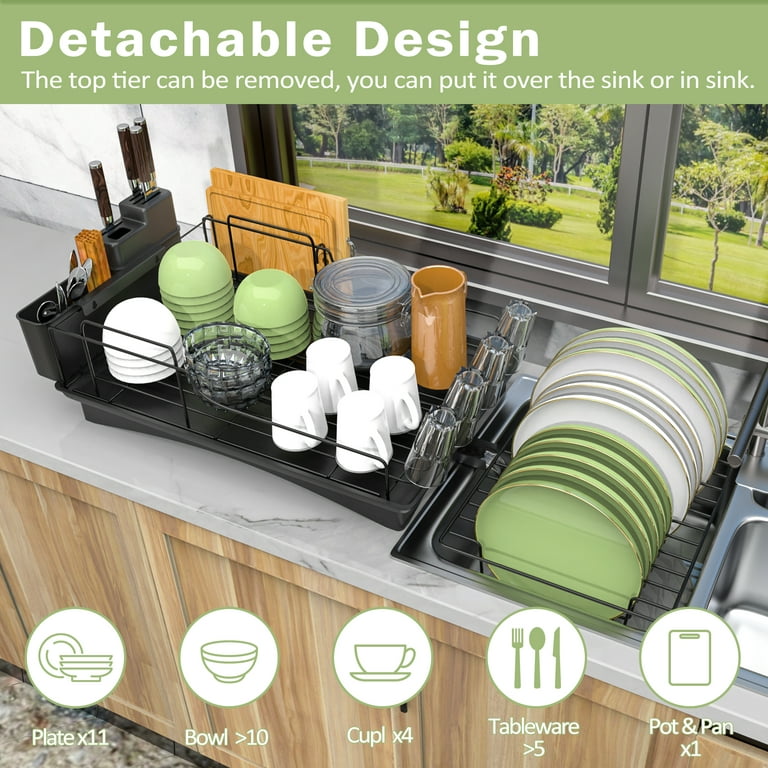 2 Tier Dish Rack, Large Capacity Dish Drainer Organizer Shelf with Utensil  Holder, Cup Rack for Kitchen