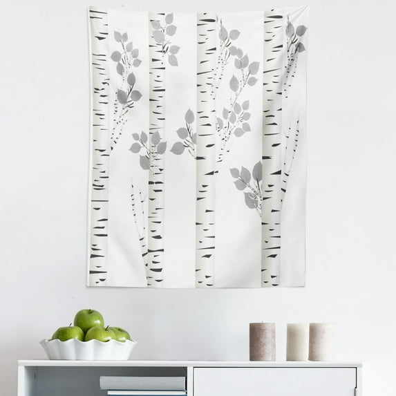 Birch Tree Tapestry, Plain Colored Branches Leaves Autumn Nature Forest Inspired Image Print, Fabric Wall Hanging Decor for Bedroom Living Room Dorm, 5 Sizes, Grey White, by Ambesonne