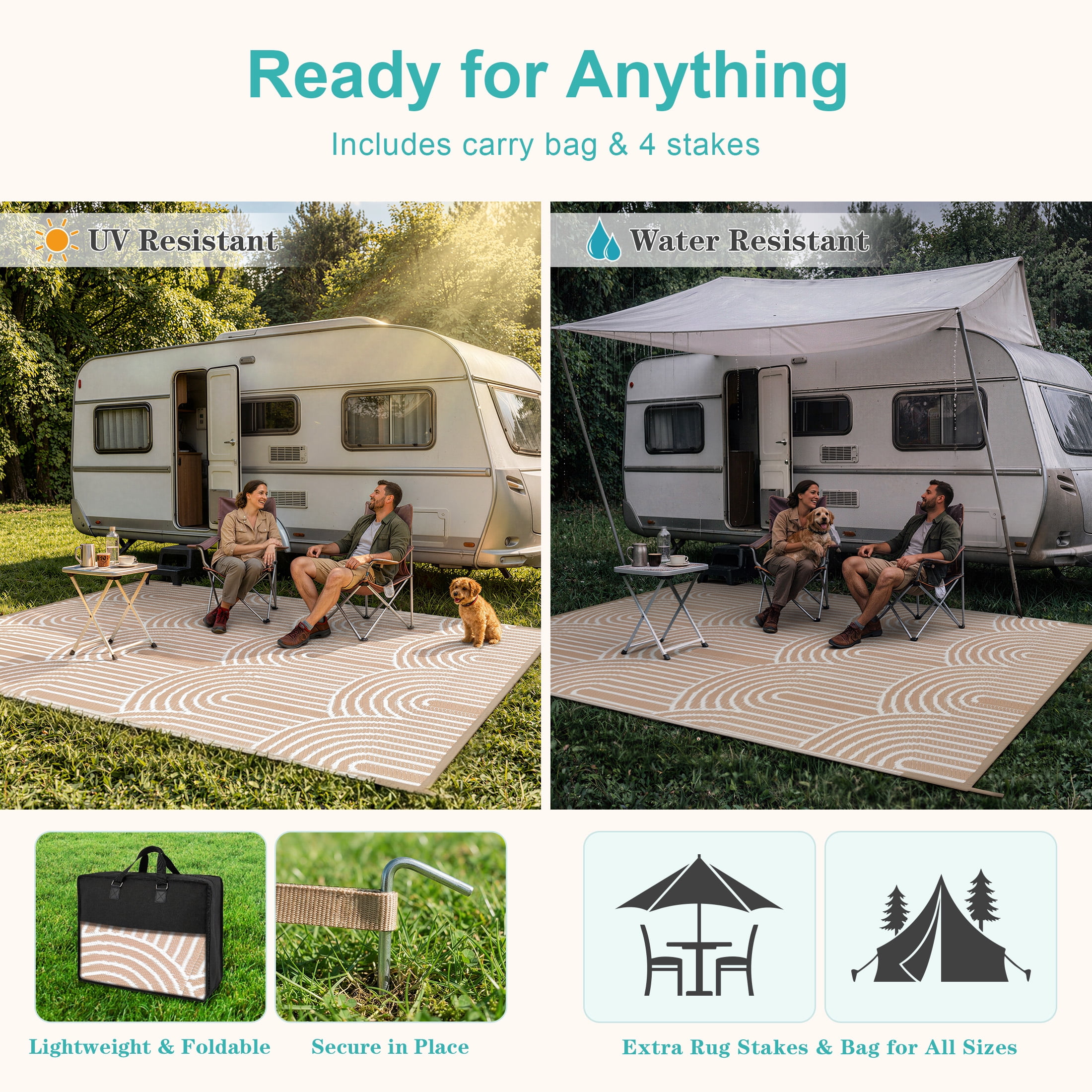 Lahome Decor 8’X10’ Rainbow Outdoor Rug for Patio,Beach Mats Waterproof, Camping Rug for Outside RV, Portable Plastic Straw Outdoor Area Rug for Backyard, Garden, Pool Deck,Light Khaki