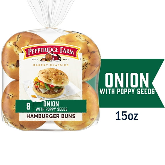 Pepperidge Farm Onion with Poppy Seeds Hamburger Buns, 8-Pack Bag