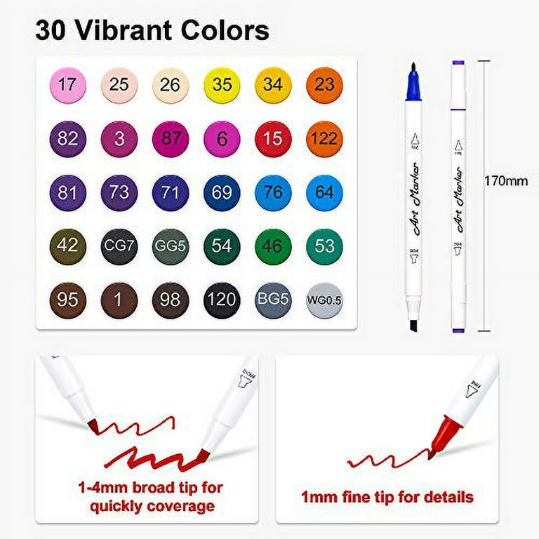 Lelix 30 Colors Permanent Markers, Fine Point, Assorted Colors, Works on Plastic,Wood,Stone,Metal and Glass for Kids Adult Coloring Doodling Marking