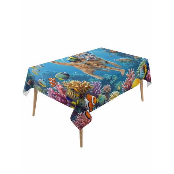 Ocean Diving Cat Rectangle Tablecloth, Coastal Coral Fish Marine Life Waterproof & StainResistant Tablecloth, Washable Oil-proof Table Cover for Dining/Party/Wedding/Camping/Buffet 54x108 In