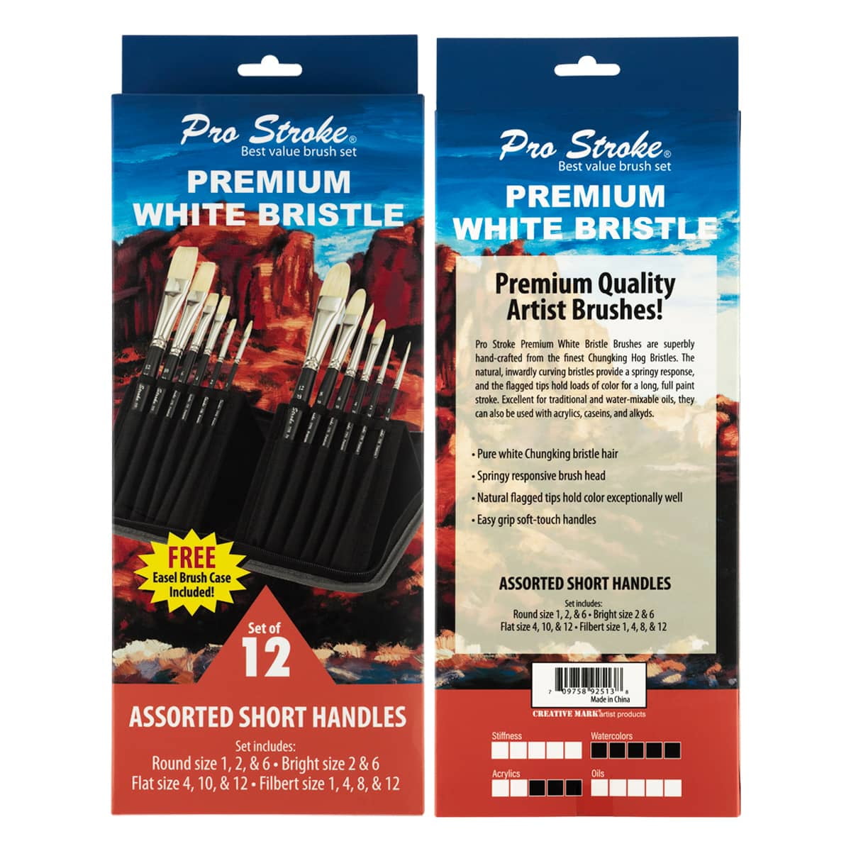 Creative Mark Pro Stroke Premium White Chungking Hog Bristle Artist Paint Brush - Short Handle Set of 12 with Easel Case - Natural Bristle Brush w/ Soft Touch Handle for Oils and Acrylics