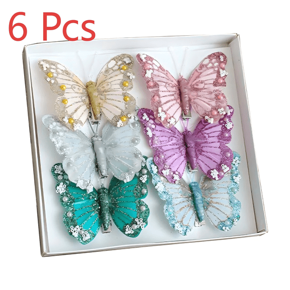 Seebayas 12-Pack Glitter Butterfly Clip On Ornaments for Christmas Tree, Wreath, DIY Holiday Party Wedding Decorations, Plastic Clip Craft Embellishments
