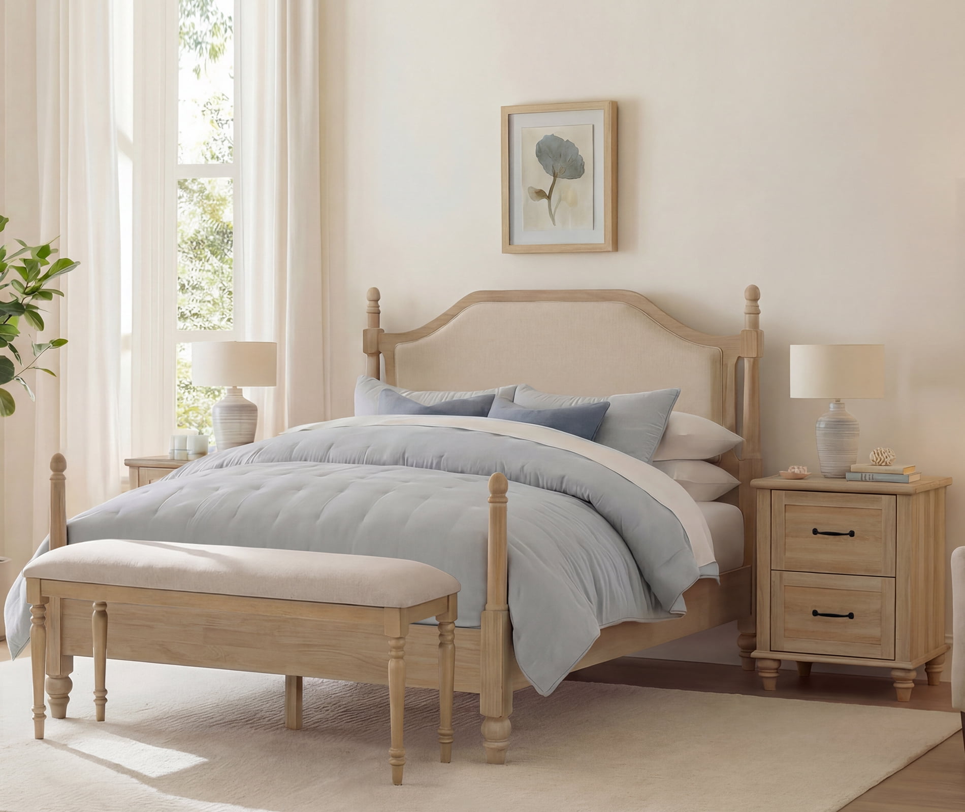 4 Piece Bedroom Set, Queen Bed Frame & 2 Nightstands with Charging Station & Upholstered End of Bed Bench, Oak
