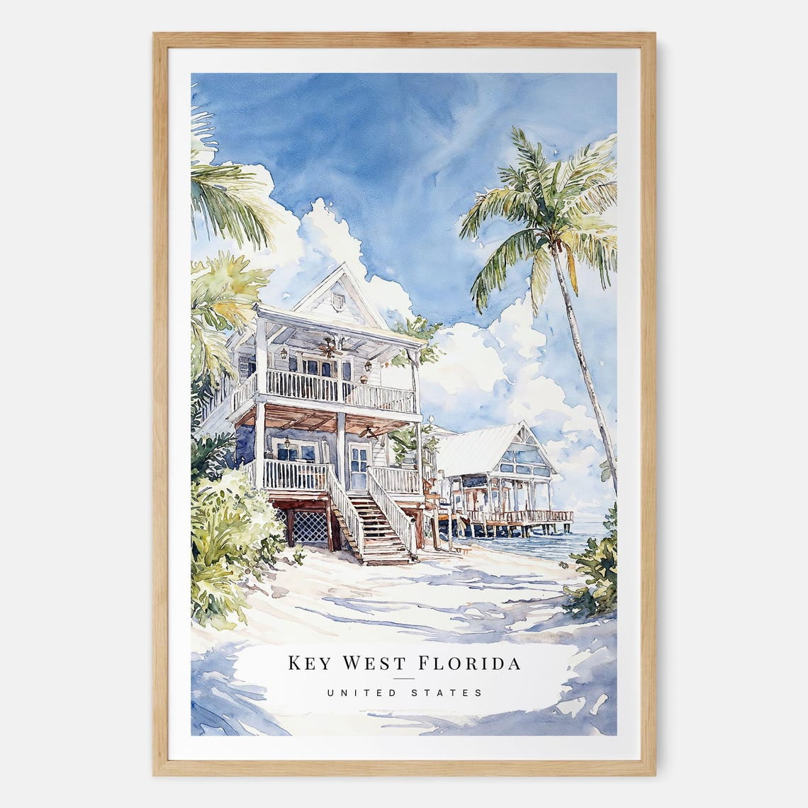 Key West Beach House Watercolor Wall Art Print For Florida Coastal Decor