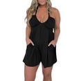 thumbnail image 3 of QATAINLAV Black Women's Halter Neck Jumpsuits Sleeveless Wide Leg Rompers with Pockets Low Cut Spaghetti Strap Onesie Shorts L, 3 of 8