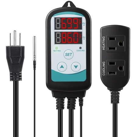 Digital Temperature Controller,Thermostat Outlet with Heating Cooling Mode,2-Stage Temp Remote Monitoring Controlling Plug for Reptiles Aquarium Carboy Homebrew Breeding Fermenter Seed Germination