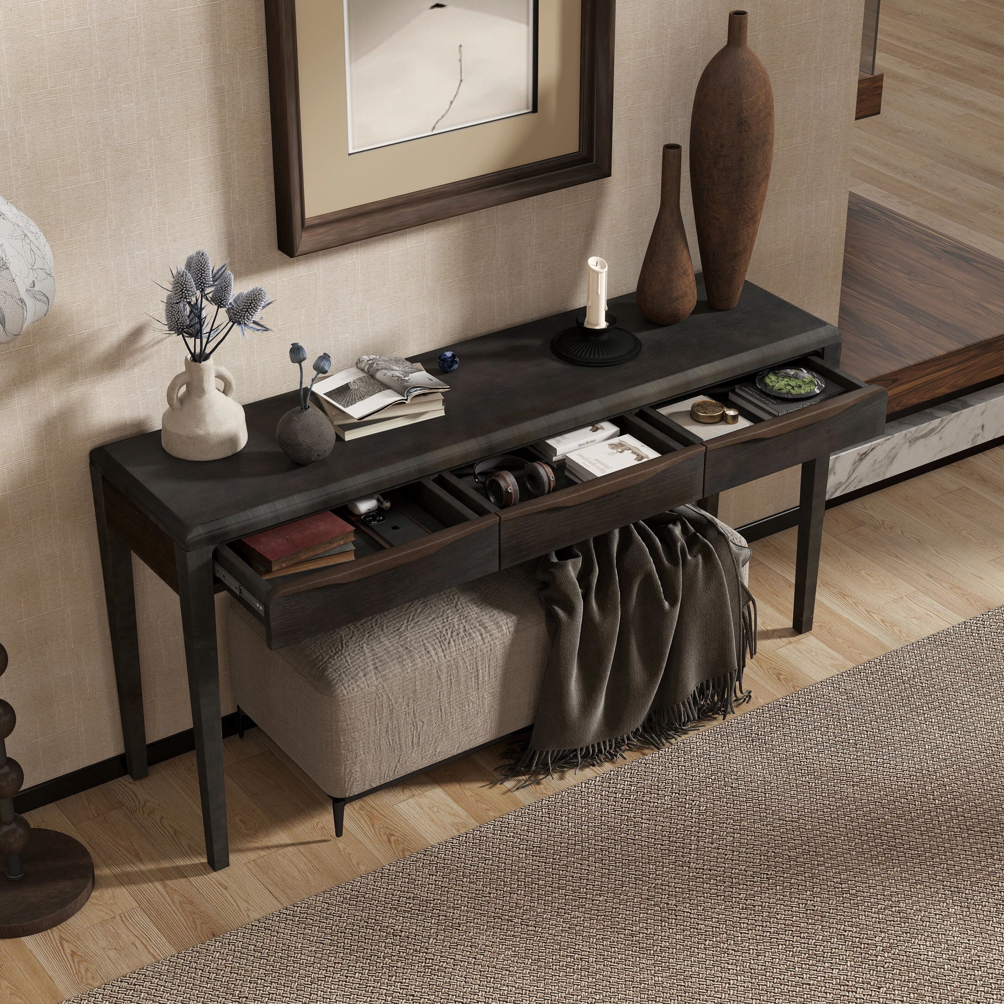 Euroco 59.84" Farmhouse Console Table with 3 Storage Drawers, Light Luxury Entryway Table with Oak Veneer & Soft-Corner Design,Narrow Long Sofa Table Behind Couch for Living Room, Foyer and Hallway