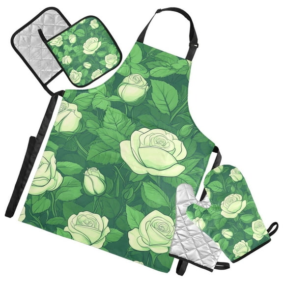 White Roses with Green Background Oven Mitts and Pot Holders with Chef Apron Set 5 Pcs Kitchen Cooking Set