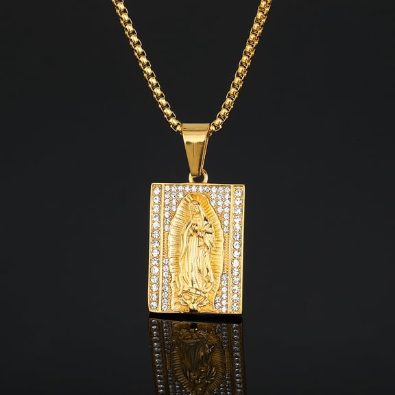 Catholic Our Lady of Guadalupe Pendant Necklace for Women Men 14K White Gold Virgin Mary Medal Chain Jewelry