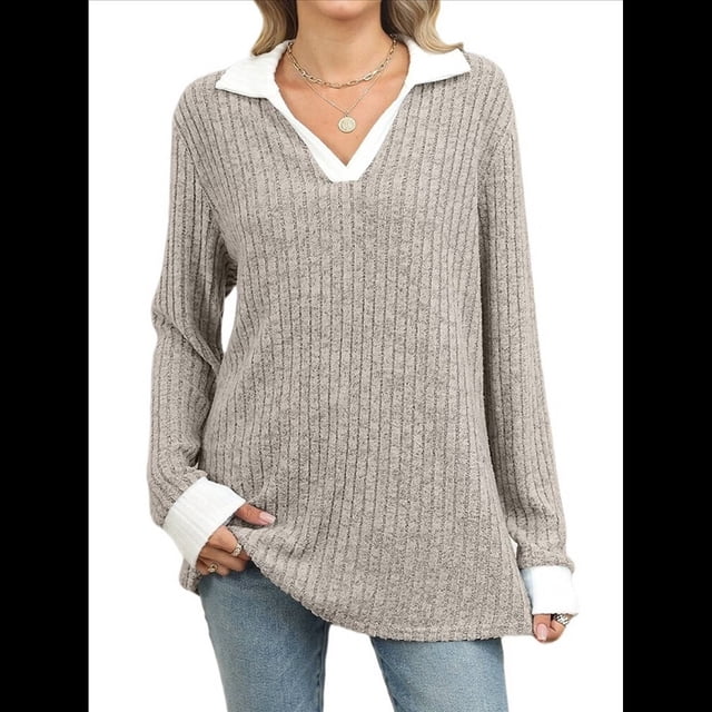 Suéteres de Cuello en V para Mujer, Jersey con Bloques de Color, Mangas Largas, Corte Holgado, Estilo Informal, Tipo Túnica, Camisetas. Caqui XL