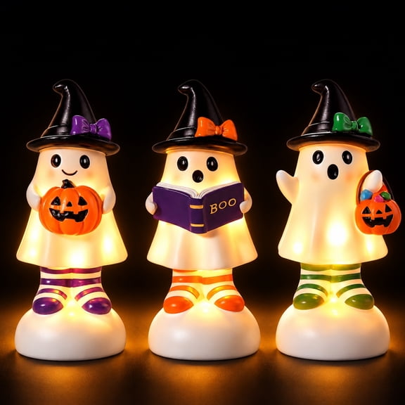 Ayieyill Halloween Decorations Indoor, 3pcs Cute Resin Ghost for Halloween Decor,Ghost Figurines with Hats - Halloween Table Decorations