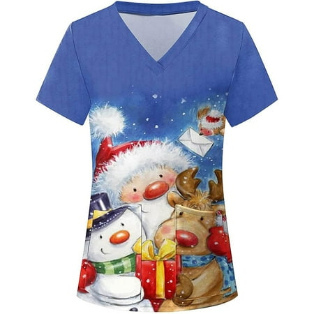 

Women Scrub_Top Working Uniform Blouse Short Sleeve V-Neck Workwear T-Shirt with Pocket Comfy Tops M