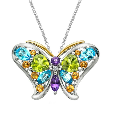 Duet 4 3/8 ct Natural Multi-Stone Butterfly Pendant Necklace with Diamond in Sterling Silver & 14kt Gold