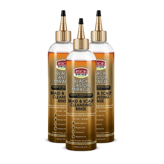 African Pride Black Castor Miracle Braid & Scalp Cleansing Rinse - Removes Build Up & Soothes Scalp, No Frizz, Contains Black Castor Oil, Micellar Water, Coconut Oil, Peppermint Oil, 12 oz (3 Pack)