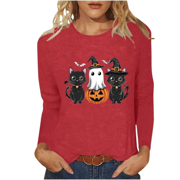 Xdegoge Womens Halloween Cat And Ghost Graphic T-Shirts Long Sleeve Cute Pumpkin Print Crewneck Tops Casual Loose Fit Fall Holiday Pullover Tees Shirts for Ladies