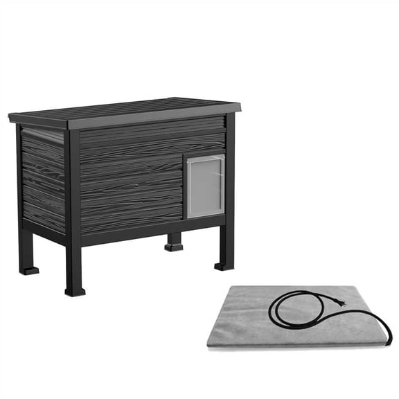 Heated Outdoor Cat House, Feral Cat Shelter with Heated Pad, Escape Door, Warm Cat Home for Multiple Cats, Black
