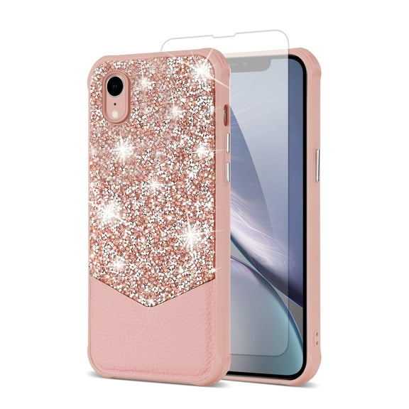 iPhone XR Case with Screen Protector, iPhone XR Cover, Glitter Bling Design Luxury Anti-Scratch Shockproof Bumper Phone Case for Apple iPhone XR 6.1" - Pink
