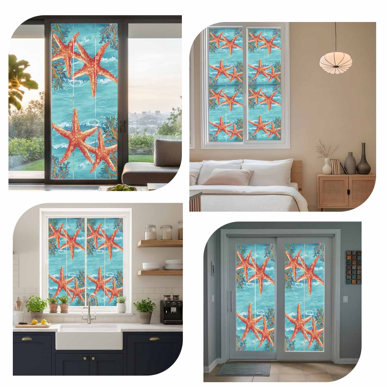 Orange Starfish Window Privacy Film, Seaweed Retro Frosted Glass Window Clings Static Cling UV Heat Blocking Reusable Door Sticker for Bathroom 23.6 x 59 Inch