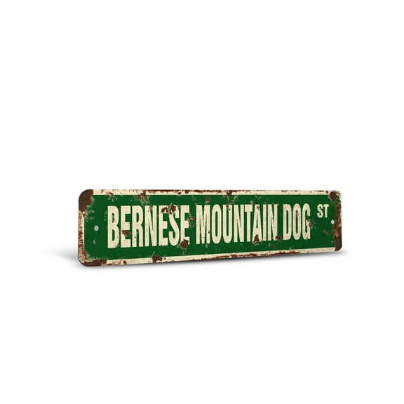 BERNESE MOUNTAIN DOG Vintage Style Rustic Street Sign – Collectible Veterinarian Kennel Groomer Retro Decorative Wall Sign for Home, Bar, Garage, or Outdoor Use | 4" X 18" Plastic Road