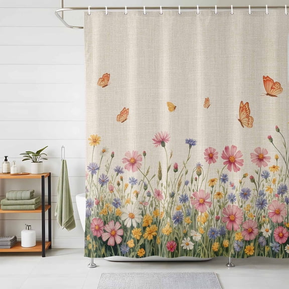 Shower Curtain Spring Wildflower Butterfly Shower Curtains for Bathroom Decor, Waterproof Polyester Shower Curtain Set with Hooks, Extra Long 72" x 84" Pink Flower Linen Texture
