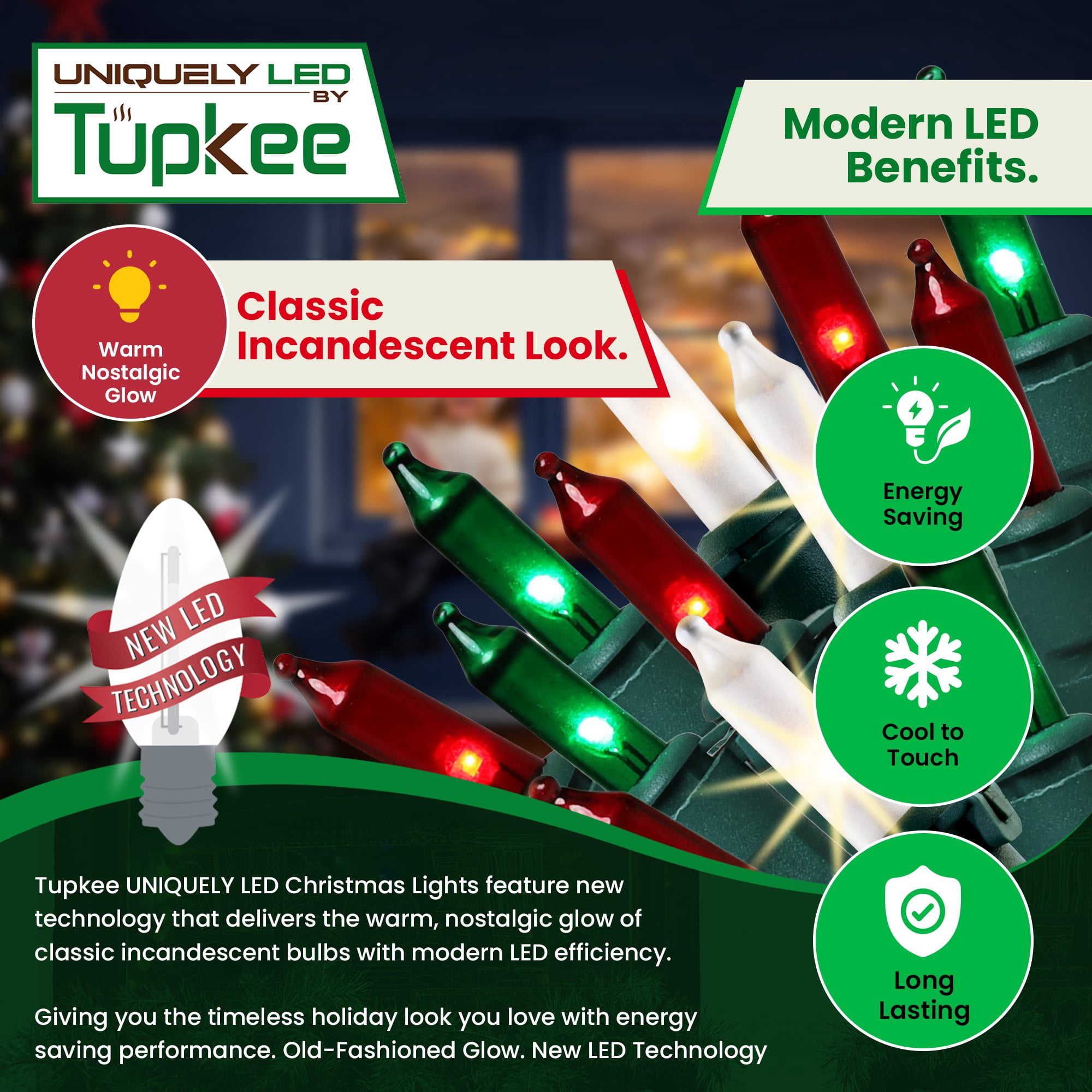 Christmas Uniquely LED Twinkle Lights  Matches Incandescent Exactly - 16 of 100 Lights Twinkling - Indoor Outdoor  100 Red, Green and White Bulbs - 24.75 Feet, Christmas Tree Sparkling Lights String